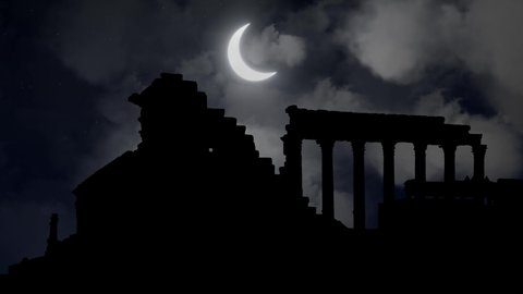 Ruins of the Ancient City of Palmyra By Night, Time Lapse with Crescent Moon and Clouds, Syria