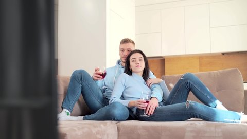 Cheerful Young Couple Boyfriend Girlfriend Watching Stock Footage Video