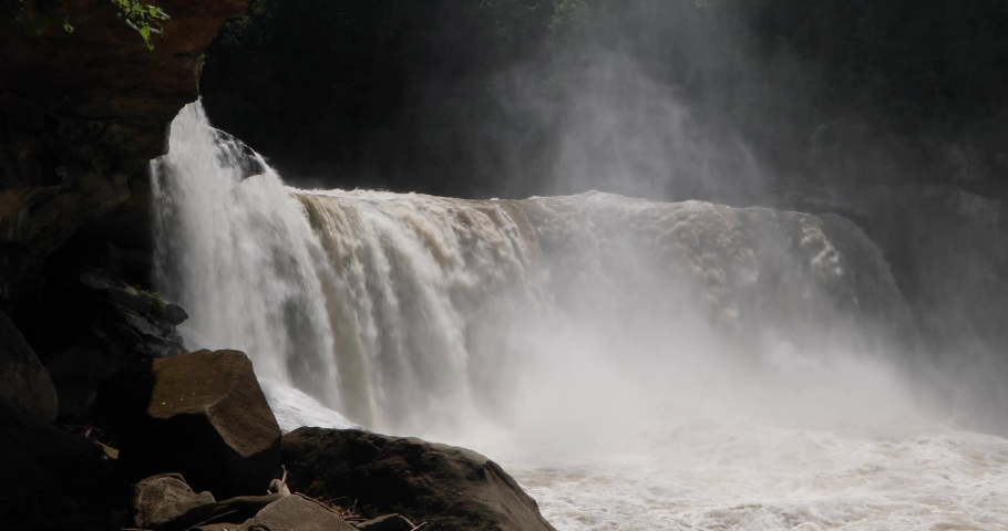 Water plunging with power over Cumberland Falls, a waterfall on the Cumberland River in Kenutcky, USA, is displayed in this seamless loop.