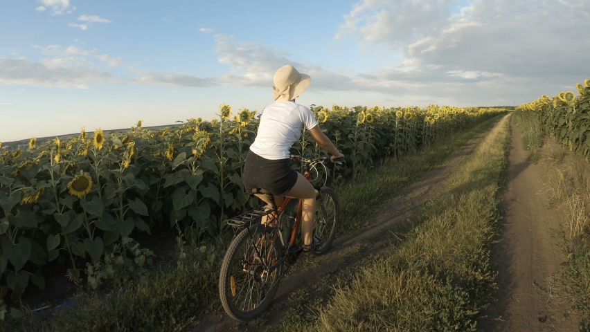 sporty girl riding bicycle between sunflower fields. Sports, active and healthy lifestyle, travel, beauty in nature concept