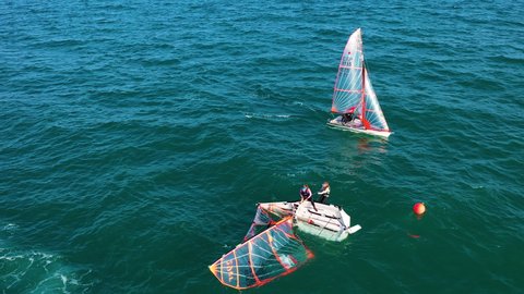 ALICANTE, SPAIN – SEPTEMBER 15, 2020. Aerial view of the 49er dinghy Valencia team training. That is a two-handed skiff-type high-performance sailing dinghy.