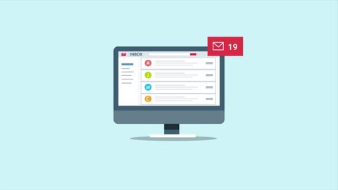 Computer screen with list of email messages, email inbox, email notification, business email - conceptual flat design 2d animation video clip