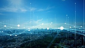 Modern cityscape and communication network concept. Telecommunication. IoT (Internet of Things). ICT (Information communication Technology). 5G. Smart city. Digital transformation. - Powered by Shutterstock - Get 15% off with code: PIKWIZARD15