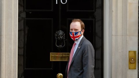 LONDON, circa 2021 - Matt Hancock, Health Secretary and responsible for the COVID-19 Vaccination Program in the UK, is seen in Downing Street for a meeting with Prime Minister Boris Johnson