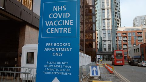 LONDON, circa 2021 - A COVID-19 Vaccine Center in London, UK providing thousands of daily jabs, as part of the vaccination program against Coronavirus