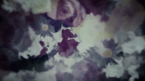 Abstract floral motion background animation in the style of a dark watercolor painting. Flowers include alstroemeria, carnation, chrysanthemum, daisy, gerbera, gladiola, hydrangea and rose.