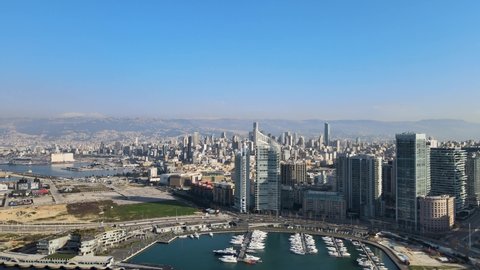 Aerial Drone shot of Beirut's waterfront showing Zaitouna Bay and Yacht Club