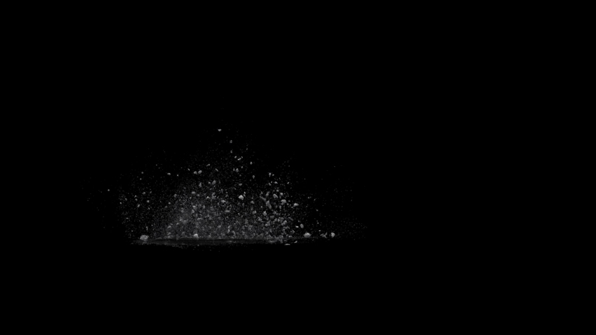 4K Dirty Hits, Dusty bullet hits on a wall with chunks of debris flying out . Powder explosion on black background. Impact dust particles. Dust explosion on black background, slow-motion close up. VFX | Shutterstock HD Video #1068589196