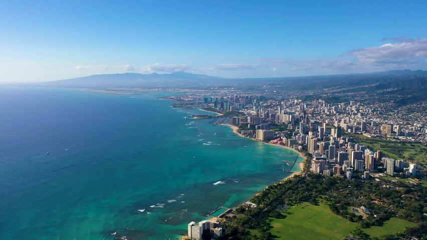 Air drone panorama of Honolulu city, Hawaii, USA. Drone 4k footage of Honolulu city. Drone high resolution video footage of Hawaii. Honolulu from birds eye perspective.  | Shutterstock HD Video #1068590486