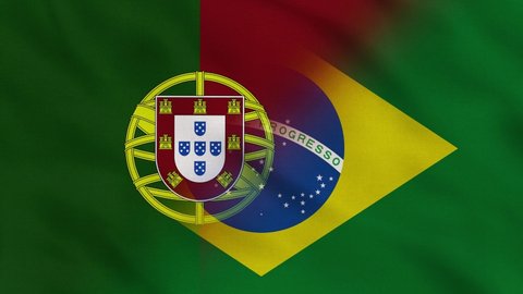 Crumpled Fabric Flag of Portugal and Brazil Intro. Portugal Flag. Brazil Flag. South America Flags. Europe Flags. Celebration. Realistic Animation 4K. Surface Texture. Background Fabric.
