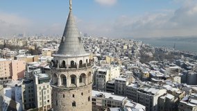 Galata Tower in Snow Aerial Video Beyoglu Istanbul Turkey