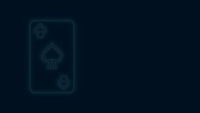 Glowing neon line Playing card with spades symbol icon isolated on black background. Casino gambling. 4K Video motion graphic animation.
