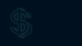 Glowing neon line Dollar symbol icon isolated on black background. Cash and money, wealth, payment symbol. Casino gambling. 4K Video motion graphic animation.