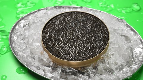 Black caviar in a tin can jar on crushed ice in 4K. Caviar on a green background in a freshly opened metal can. Deep brown to gold Caviar from the Ossetra sturgeon.