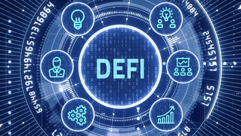 DeFi -Decentralized Finance on dark blue abstract polygonal background. Concept of blockchain, decentralized financial system.