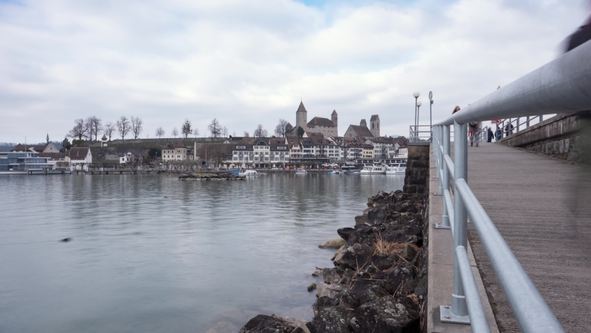 Timelapse of old town Rapperswil with castle and lake promenade, Switzerland.