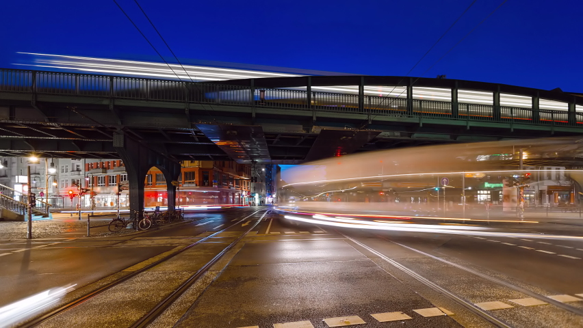 Night to Day Time Lapse of Eberswalder Strasse with subway trams and cars Berlin, Germany