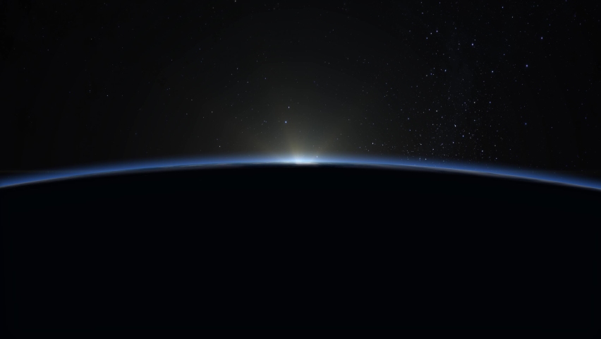 Sunrise over the Earth. View from space. The camera moves away. Realistic atmosphere. Volumetric clouds. Starry sky. 4K. 3d rendering. Stars twinkle. | Shutterstock HD Video #1068605492