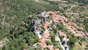 Panoramic view from above on the city Eus. Small town located on high mountain. Eastern Pyrenees. France. High quality 4k footage