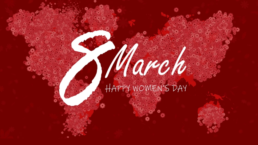4K Women's Day concept video. Red flower rain on black background. "8 March" and " Happy Women's Day" texts, world map covered with colorful flowers as a background. | Shutterstock HD Video #1068612719
