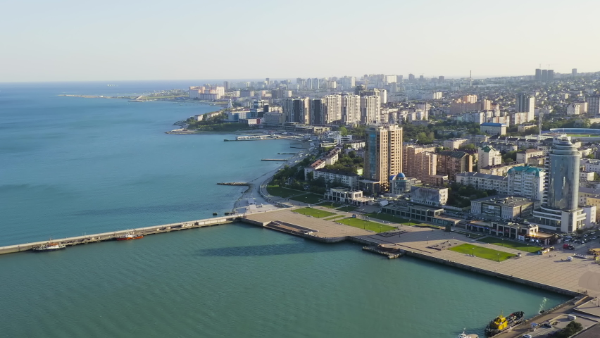 Novorossiysk, Russia. Panorama of the city and the embankment. Tsemesskaya Bay in the Black Sea, Aerial View.