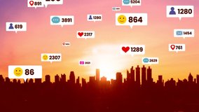 Social media icons fly over city downtown showing people engagement connection through social network application platform . Concept for online community and social media marketing strategy . - Powered by Shutterstock - Get 15% off with code: PIKWIZARD15