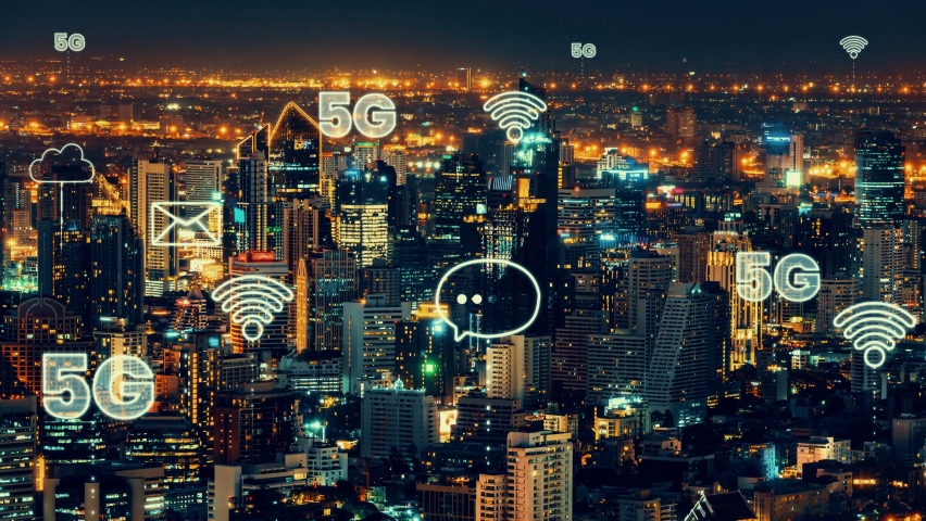 Smart digital city with globalization abstract graphic showing connection network . Concept of future 5G smart wireless digital city and social media networking systems . Royalty-Free Stock Footage #1068625703