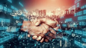 Imaginative visual business handshake with computer graphic of investment data . Futuristic business marketing and partnership deals . 3D Rendering . - Powered by Shutterstock - Get 15% off with code: PIKWIZARD15