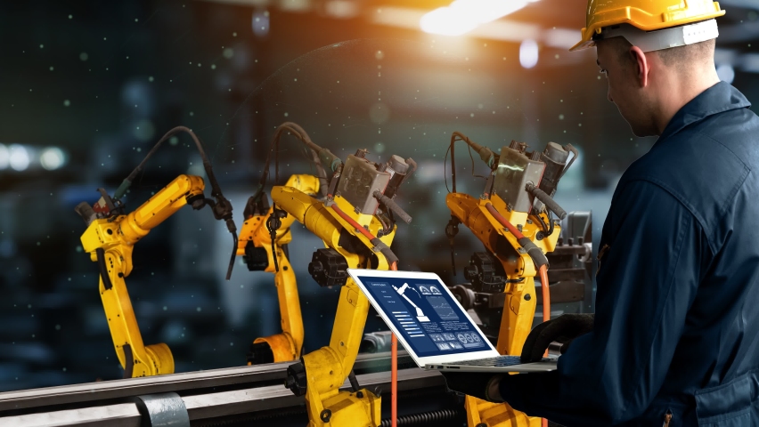 Smart industry robot arms modernization for digital factory technology . Concept of automation manufacturing process of Industry 4.0 or 4th industrial revolution and IOT software control operation . | Shutterstock HD Video #1068625754