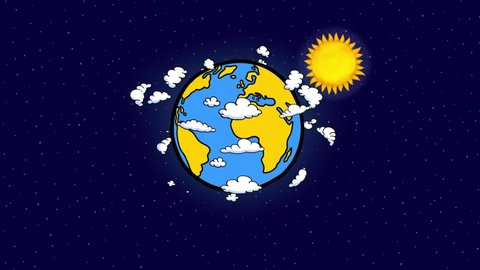 Sun turning around earth globe with clouds. Funny animation. Conspiracy theory illustration opposite to Copernicus theory. 