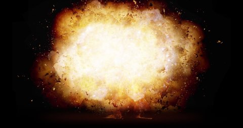 Realistic Bomb Explosion On Ground. Flames Rising. Pieces Flying. 4K VFX Element Black Background With Luma Channel.