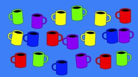 Funny colourful blue background with dancing coffee mugs, seamless loop.