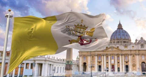 The flag of the Vatican city state fluttering in the wind with St. Peter's basilica blurred in the background. Travel and tourism. Catholicism and faith