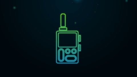 Glowing neon line Walkie talkie icon isolated on black background. Portable radio transmitter icon. Radio transceiver sign. 4K Video motion graphic animation.