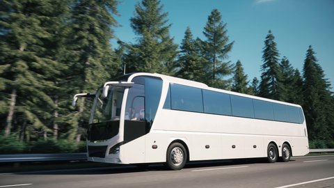 White tourist bus in travel. Tourist bus drive along the forest. Traveling of white tourist bus. 3d animation