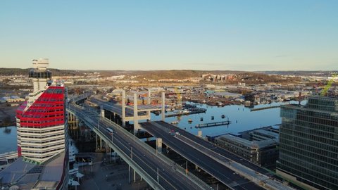 New And Old Bridge Over Gota Alv River In Gothenburg, Sweden During Pandemic. - aerial