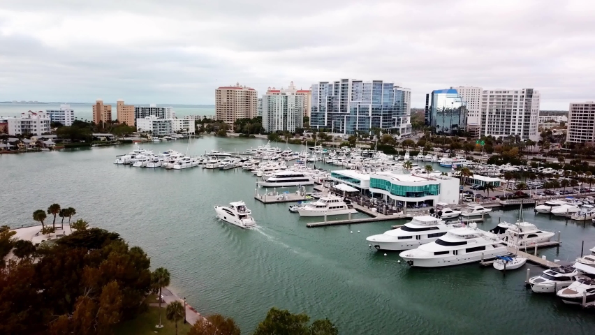 Yacht Aerial with Sarasota Florida Skyline in Background