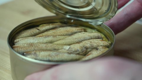 A man is opening a can of conserved fish using a tin opener, lifts the metal cover and preserved bait fish (sprats, sardines or anchovies) appears in dense yellow oil