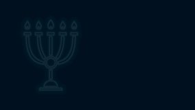 Glowing neon line Hanukkah menorah icon isolated on black background. Hanukkah traditional symbol. Holiday religion, jewish festival of Lights. 4K Video motion graphic animation.