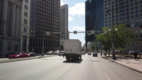 WINNIPEG, MANITOBA - AUGUST 2019: Gimbal Driving Downtown During Summer Day