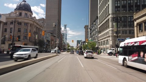 WINNIPEG, MANITOBA - AUGUST 2019: Gimbal Driving Downtown During Summer Day