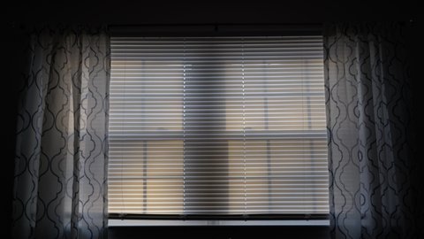 Window with shades and curtains in silhouette
