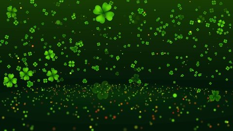 Rotating Camera Motion View Green Flying Three Four Leaf Clovers St Patrick's Day And Glitter Sparkle Dust Above Shiny Glitter Sparkles Floor 3D Rendering, Seamless Loop Animation