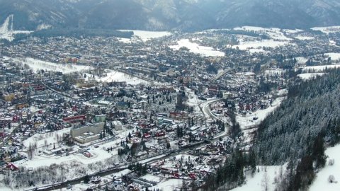 Aerial view of Zakopane town in Tatra Mountains, Poland (winter time)