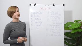 Young woman teacher is recording a video lesson of English while looking at the camera, talking, making notes on a white board. Online learning