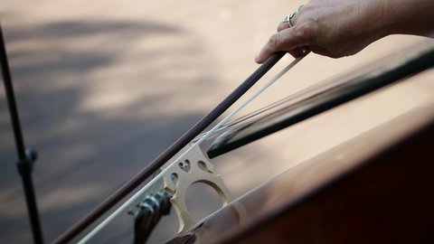 Close-up of an  woman hands  playing at a double bass instrument. Musician quartet. Outdoor footage in a sunny day. Slow motion.