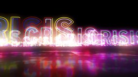 Crisis concept animation, economy, depression, finance, global recession and recess. Business glowing neon text loop. Flight between signs. Futuristic space abstract 3d rendering loopable seamless. - Powered by Shutterstock - Get 15% off with code: PIKWIZARD15