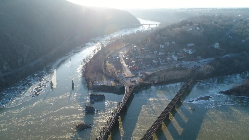 An aerial drone view of the haunted ghost town Harpers Ferry in Jefferson County, West Virginia on a cold January afternoon.