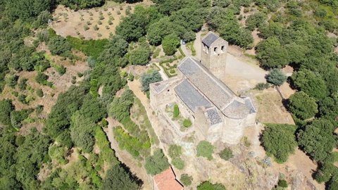View from drone of medieval Serrabone Priory, former monastery, commune of Boule-d'Amont, Pyrenees-Orientales, France