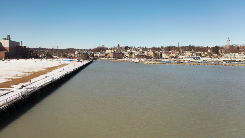 Aerial view of town of Port Washington, Wisconsin. Daytime, sunny sky, winter.